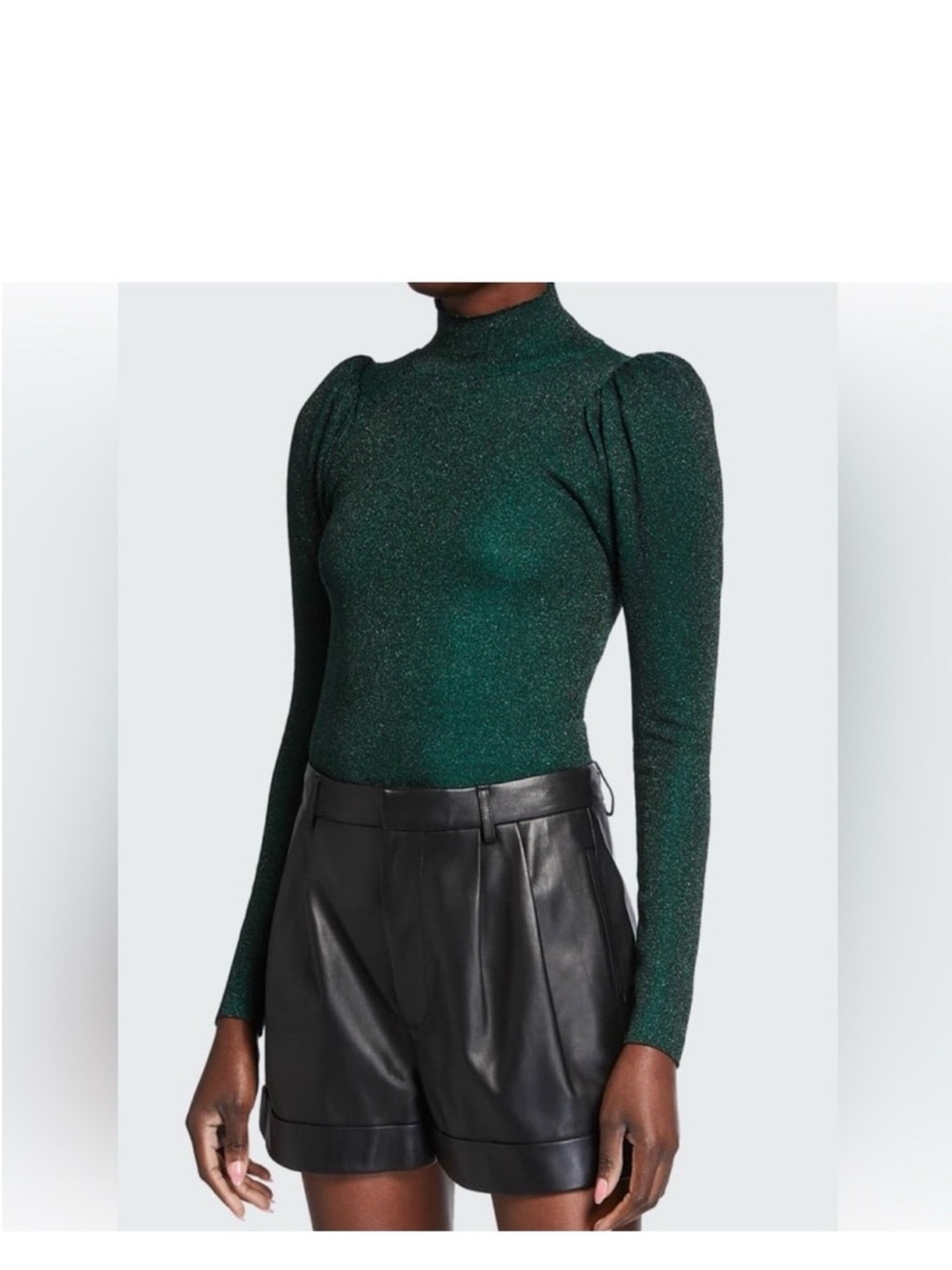 Alice +olivia Green Sparkle Puff-Sleeve Turtleneck Top